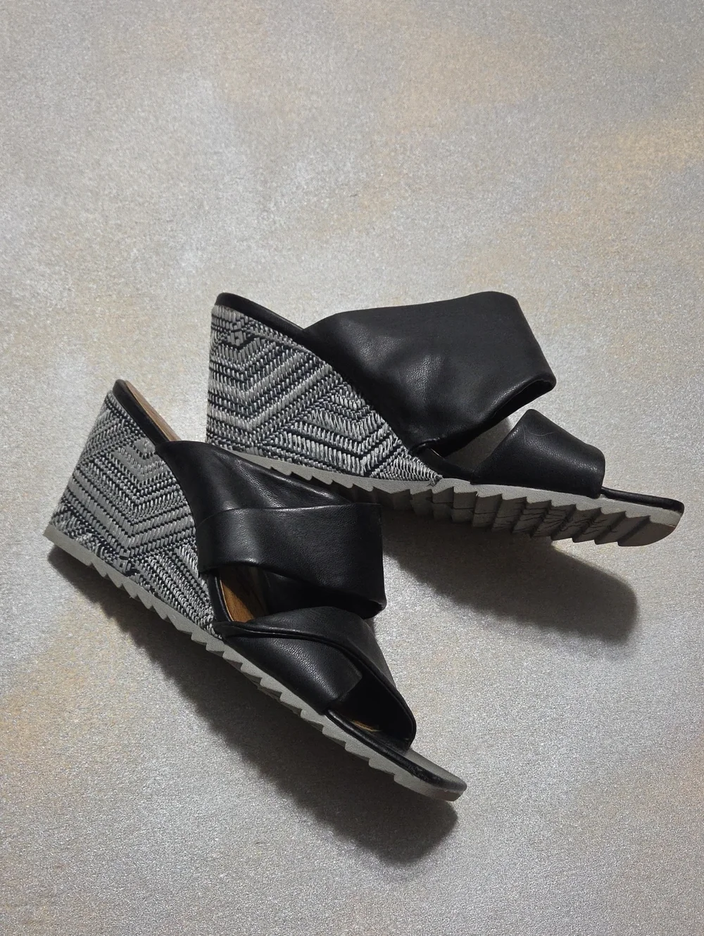 Blowfish Black Crossband Wedge Slides with Patterned Espadrille Heel
